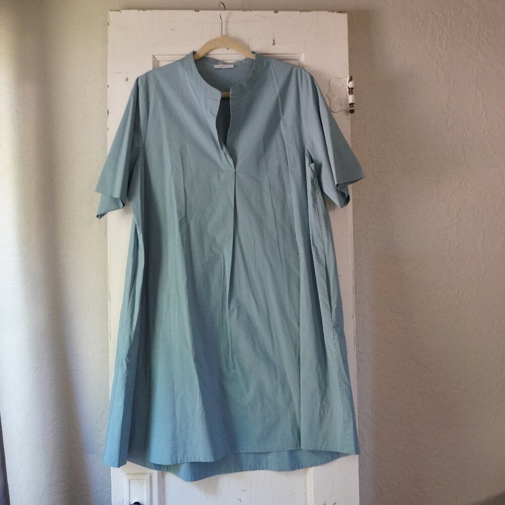 Rosso35 Italy Blue Cotton Poplin Split Neck Shift Dress with Pockets